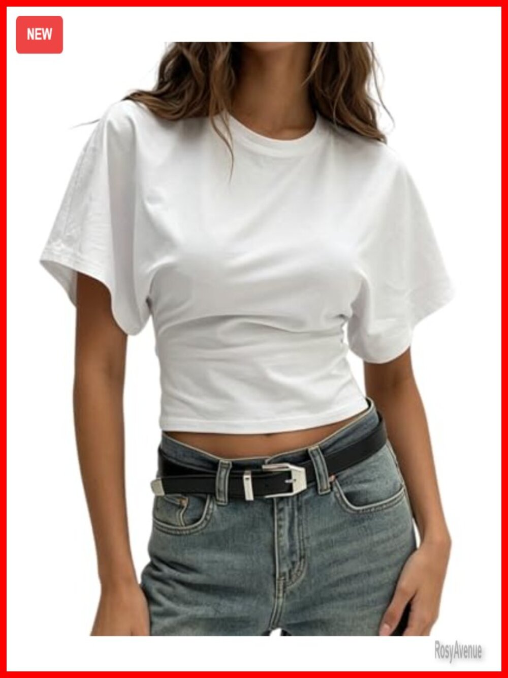 Women's Cinched Waist Cropped T-Shirt Short Sleeve Crew Neck Dolman Top